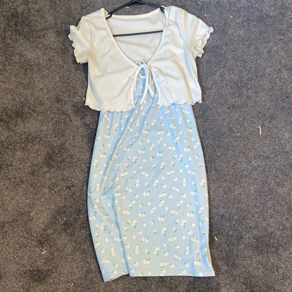 Blue dress with white top